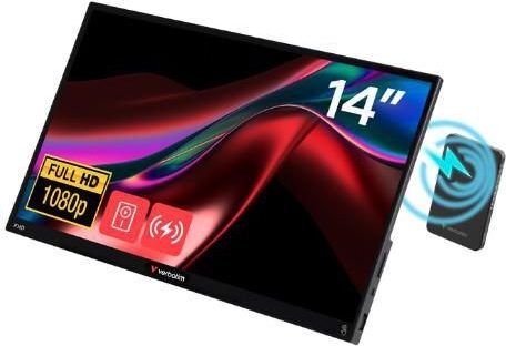 Verbatim Touch Monitor 14 Wireless - Monitor - TN, tragbar, Full HD, 1920 × 1080 (16:9), 60 Hz, Display: glänzend, 25 ms, FreeSync, Touchscreen, HDR, Lautsprecher, HDMI und USB-C - mit Powerbank 5000mAh (32088)
