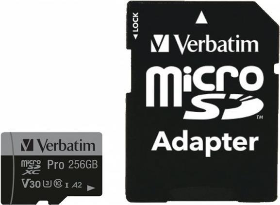 Verbatim PRO U3 - Flash-Speicherkarte (microSDXC-an-SD-Adapter inbegriffen) - 256GB - A2 / UHS-I U3 / Class10 - microSDXC UHS-I (47045)
