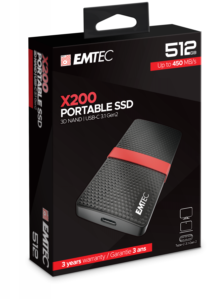EMTEC SSD Power Plus X200 - SSD - 512GB - extern (tragbar) - USB 3,1 Gen 1 (USB-C Steckverbinder) (ECSSD512GX200)