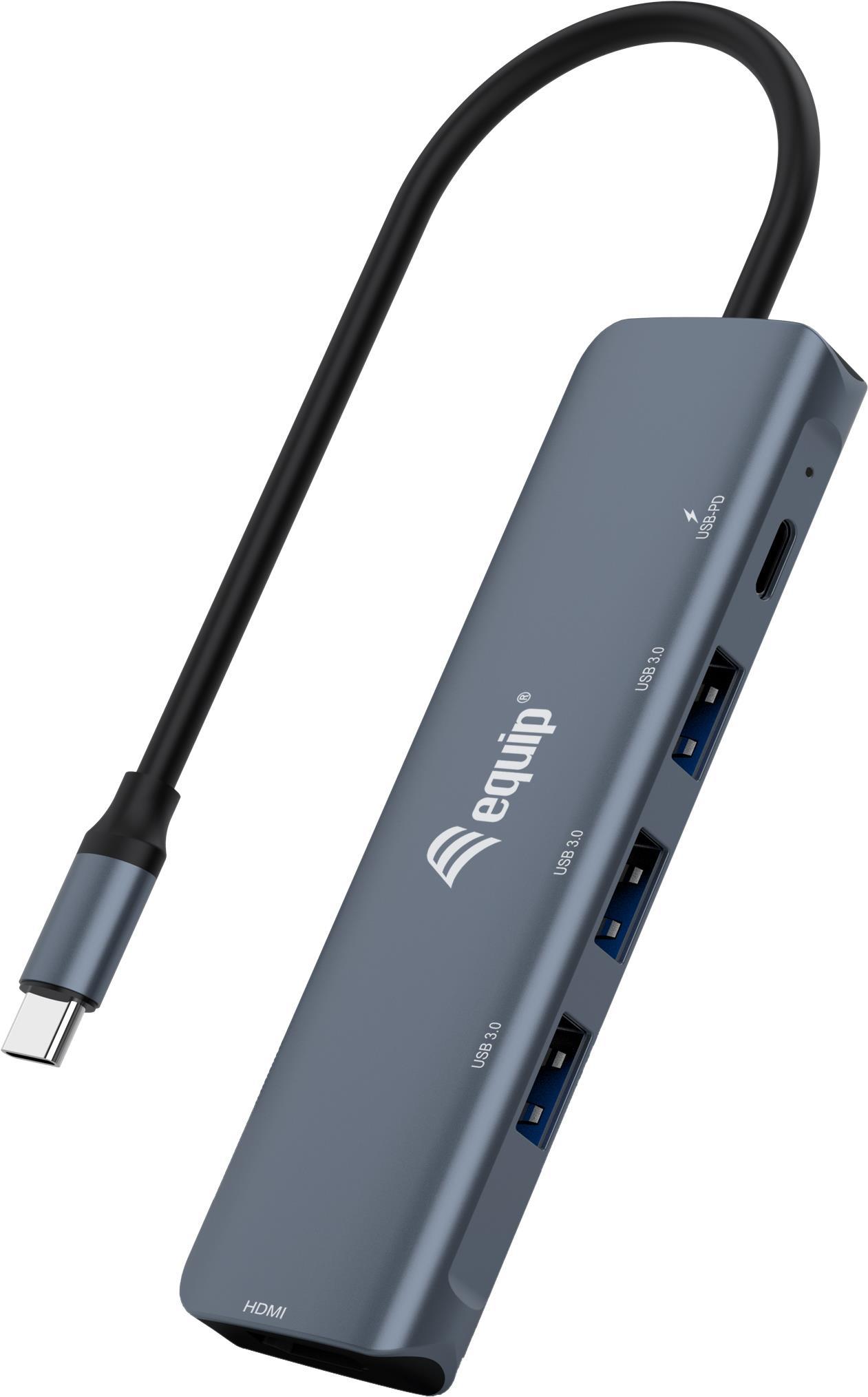 Equip USB-C 5-in-1 Multifunktionsadapter - HDMI - USB 3.2 Gen1 - 100W USB PD - USB 3.2 Gen 1 (3.1 Gen 1) Type-C - HDMI - USB 3.2 Gen 1 (3.1 Gen 1) Type-A - USB 3.2 Gen 1 (3.1 Gen 1) Type-C - 5000 Mbit/s - 4096 x 2160 Pixel - Schwarz - Grau - Aluminium (13