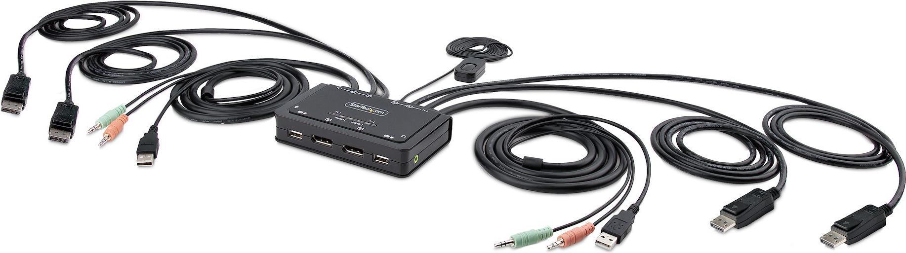 StarTech.com 2-Port Dual-Monitor DisplayPort Cable KVM Switch, 4K 60Hz, Compact KVM with 5ft/1,5m USB-A/DisplayPort/Audio Integrated Cables, Bus Powered - Remote Push Button/Hotkey Switching (C2-DD46-UA2-CBL-KVM) - KVM-/Audio-/USB-Switch - kompakt - 2 x K