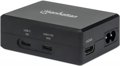 Manhattan Smart Video Power Delivery Charging Hub, Multiport Dock with One HDMI Port, USB-C PD Port up to 45 W, USB-C up to 5 V/1 A, Two USB 3.2 Gen1 aka USB 3.0 Type-A Ports, Internal Power Supply, Ultra-Compact, Detachable Power Cable, Black (Euro 2-pin