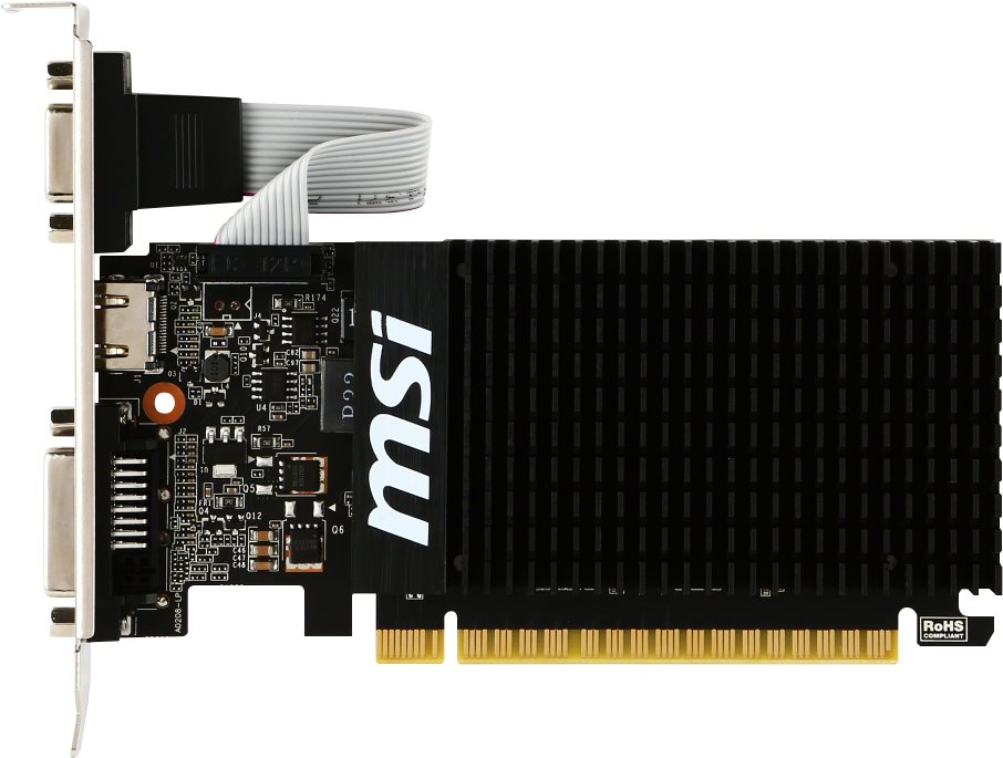 MSI GeForce GT 710 2GB DDR3 Grafikkarte DVI/VGA/HDMI Low Profile passiv GeForce GT 710, PCI-Express 2.0 - 2.048MB DDR3-RAM (64Bit-Speicherinterface) - Core/Memorytakt: 954/1600 MHz - VGA/DVI/HDMI - Windows XP/Vista/7/8/8.1/10 - Retail Version (V809-2000R)