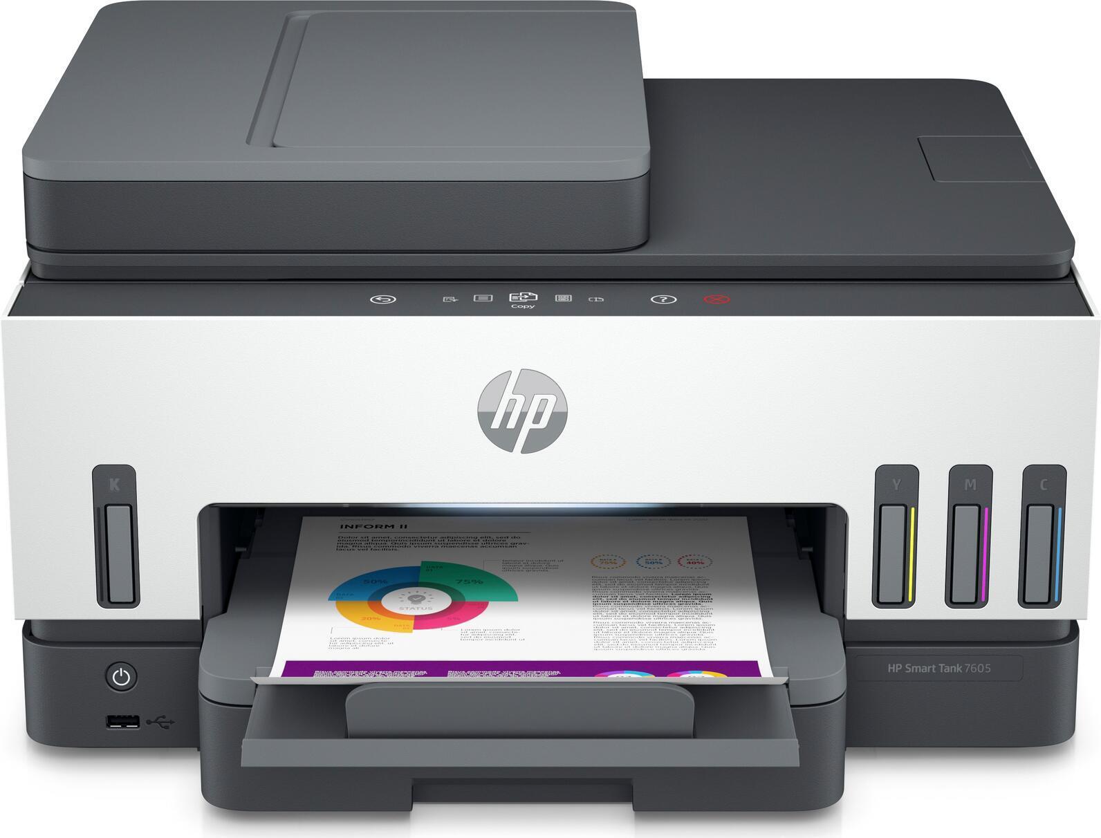 HP Smart Tank 7605 All-in-One - Multifunktionsdrucker - Farbe - Tintenstrahl - nachfüllbar - Letter A (216 x 279 mm)/A4 (210 x 297 mm) (Original) - A4/Legal (Medien) - bis zu 13 Seiten/Min. (Kopieren) - bis zu 15 Seiten/Min. (Drucken) - 250 Blatt - USB 2.