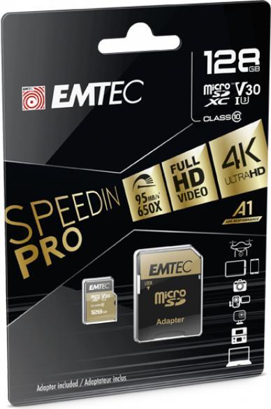 EMTEC Speedin PRO - Flash-Speicherkarte (microSDHC/SD-Adapter inbegriffen) - 128GB - Video Class V30 / UHS-I U3 / Class10 - microSDXC UHS-I (ECMSDM128GXC10SP)