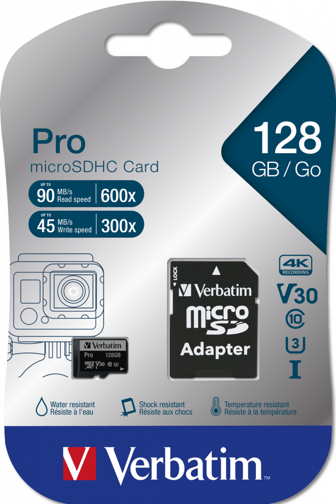 Verbatim PRO - Flash-Speicherkarte (microSDXC-an-SD-Adapter inbegriffen) - 128GB - Video Class V30 / UHS-I U3 / Class10 - 300x/600x - microSDXC UHS-I (47044)