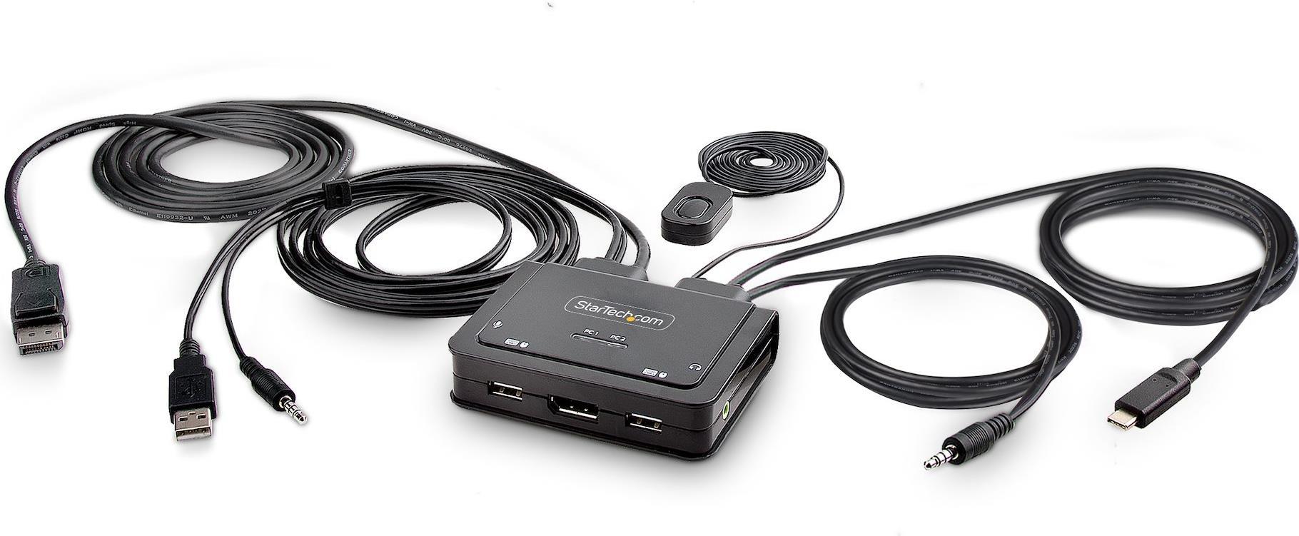 StarTech.com 2-Port Hybrid USB-C DisplayPort Cable KVM Switch, 4K 60Hz, Compact KVM with 6ft/1.8m USB-A/DisplayPort/Audio & 4ft/1.2m USB-C Integrated Host Cables, Bus Powered - Remote Push Button/Hotkey Switching (C2-D46-UAC-CBL-KVM) - KVM-/Audio-/USB-Swi