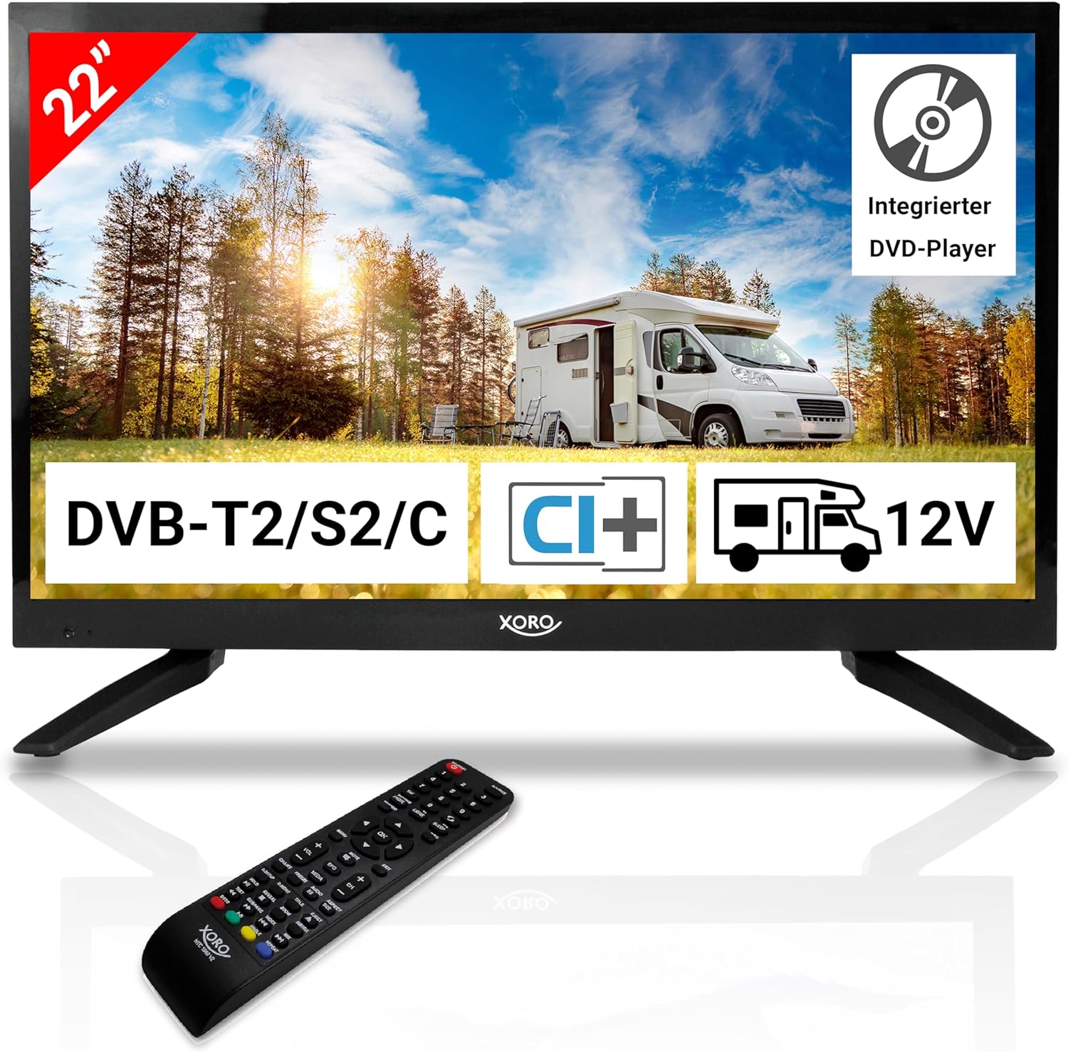 Xoro HTC 2249 21.5 Zoll (55 cm) LCD Fernseher mit HDTV Triple Tuner, integrierter Slot-In DVD Player, USB 2.0 Mediaplayer, CI+ Schacht, 12V Anschluss, schwarz [Energieklasse F] (XOR400724)