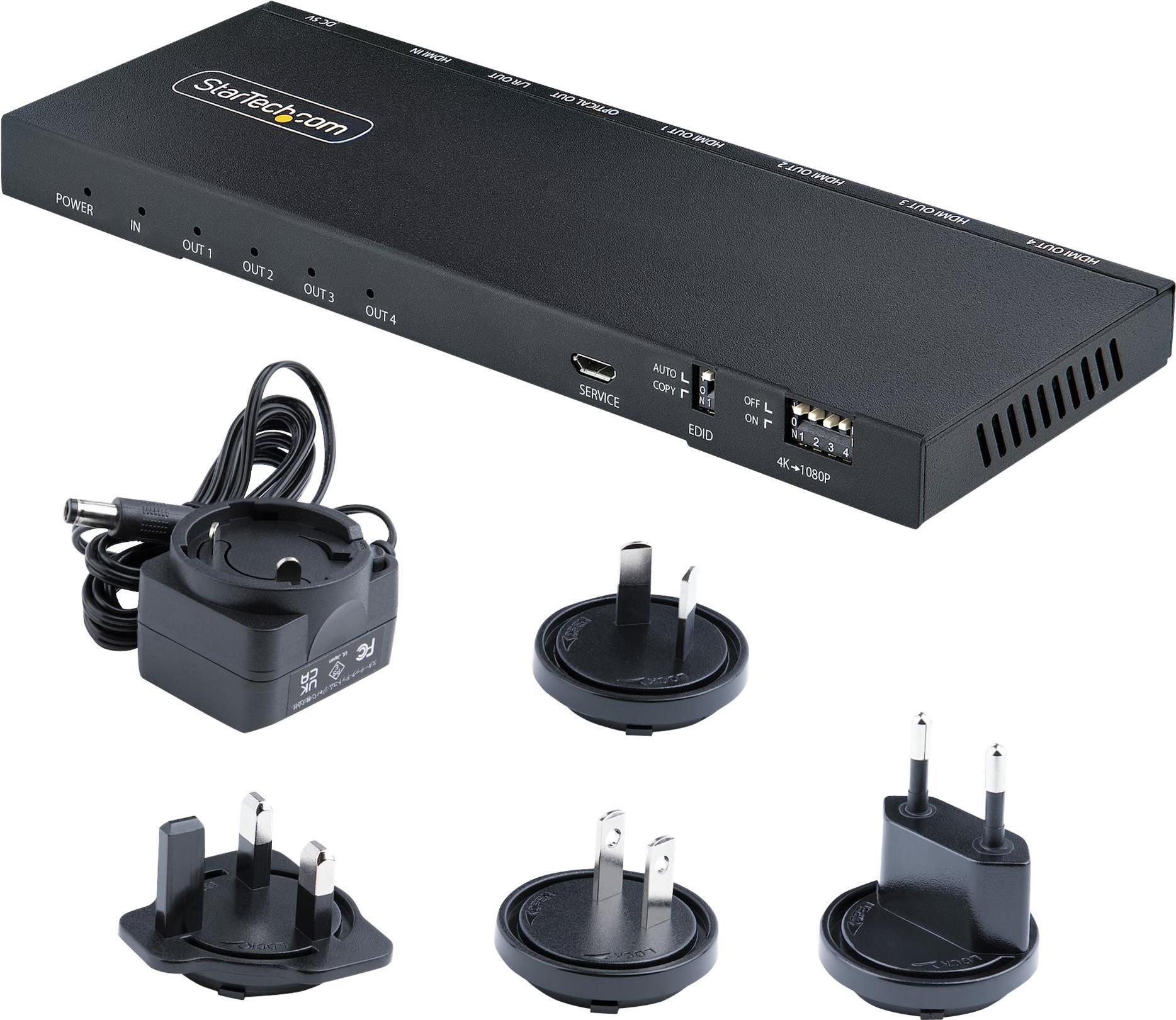 StarTech.com 4-Port HDMI Splitter, 4K 60Hz HDMI 2.0 Video, 2,50cm (1) 4 Out HDMI Splitter, 4K HDMI Splitter w/Built-in Scaler, 3.5mm/Optical Audio Port, Durable Metal Housing, HDR/HDCP - 1x4 HDMI Display/Output Splitter (HDMI-SPLITTER-44K60S) - Video-/Aud