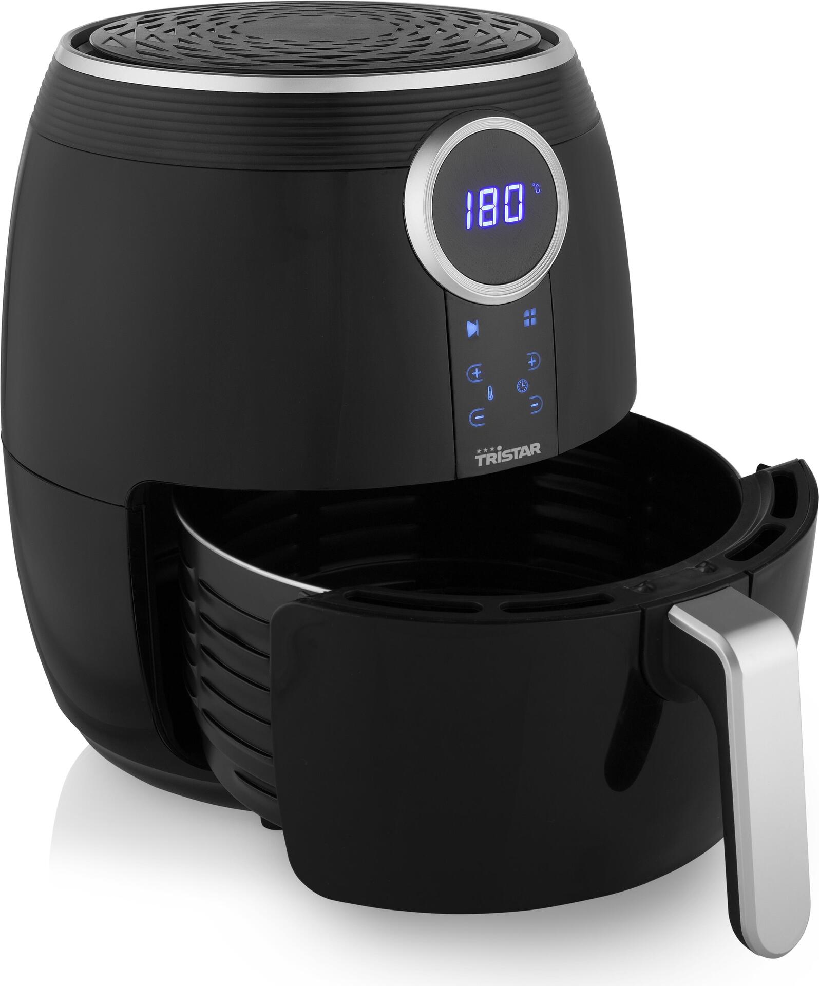 Tristar FR-6956 Digitale Heißluft-Fritteuse. Produkttyp: Heißluftfritteuse, Fassungsvermögen: 4,5 l, Friteusenkapazität: 1,2 kg. Bauart: Eins/Eine(r), Produktfarbe: Schwarz, Silber, Steuerung: Berührung. Display-Typ: LCD. Leistung: 1500 W, AC Eingangsspan