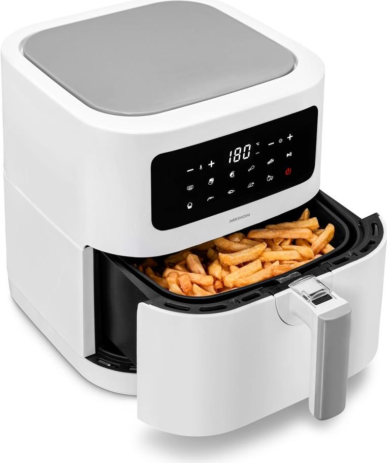 MEDION E40 XL Heißluftfritteuse (5,2 Liter, Airfryer, 2.150 Watt, 9 Automatikprogramme, Backfunktion, ölfreies Frittieren, Touch Bedienfeld, LED Anzeige) weiß (50075808)