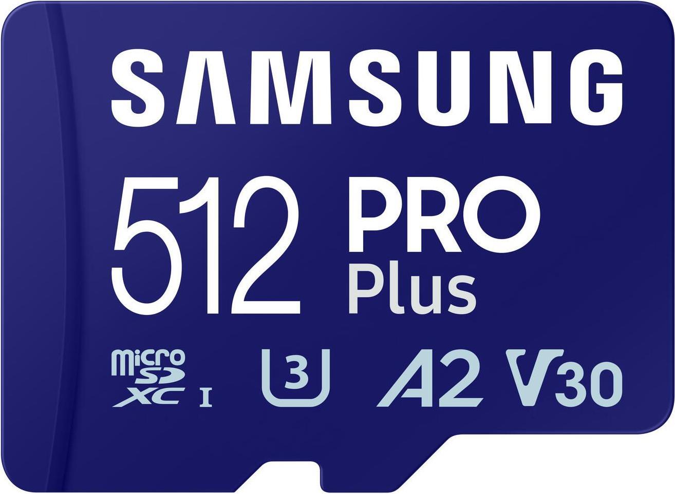 Samsung PRO Plus MB-MD512SA - Flash-Speicherkarte (microSDXC-an-SD-Adapter inbegriffen) - 512GB - A2 / Video Class V30 / UHS-I U3 - microSDXC UHS-I - Blau (MB-MD512SA/EU)