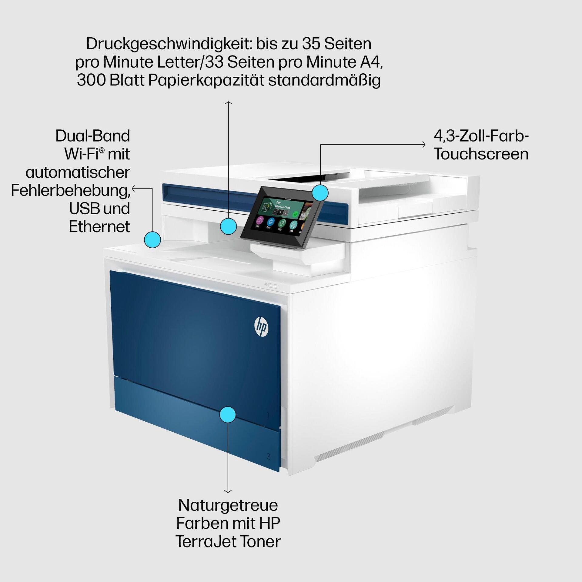 HP Color LaserJet Pro MFP 4302fdw - Multifunktionsdrucker - Farbe - Laser - Legal (216 x 356 mm) (Original) - A4/Legal (Medien) - bis zu 33 Seiten/Min. (Kopieren) - bis zu 33 Seiten/Min. (Drucken) - 300 Blatt - 33.6 Kbps - USB, USB 2.0, Gigabit LAN, USB 2