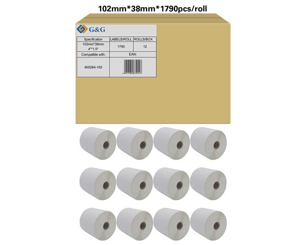 G&G Etikettenrollen für Etikettendrucker ersetzt Zebra 800264-155 weiß, 102,0 x 38,0 mm, 12 x 1790 Etiketten (19802)