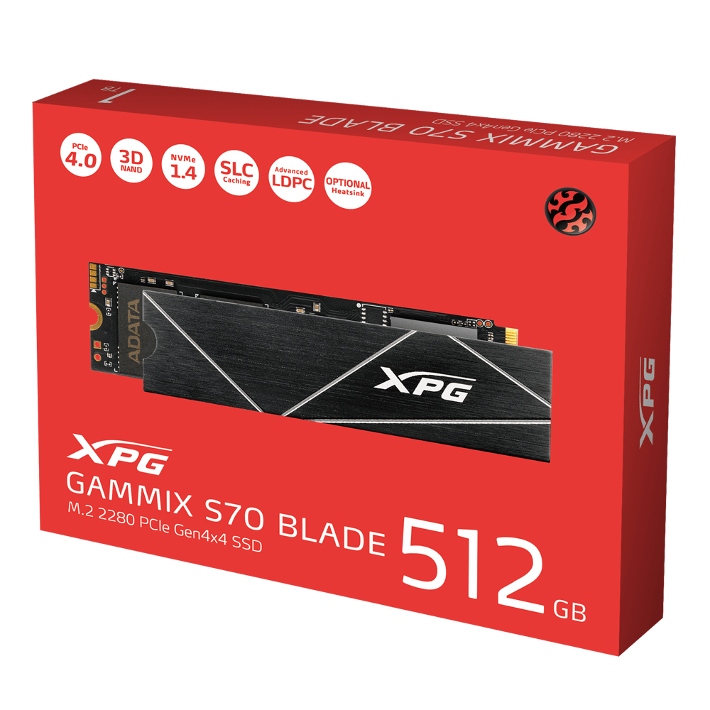 ADATA XPG GAMMIX S70 Blade - SSD - 512GB - intern - M.2 2280 - PCIe 4,0 x4 (NVMe) - integrierter Kühlkörper - Schwarz - für Sony PlayStation 5 (AGAMMIXS70B-512G-CS)
