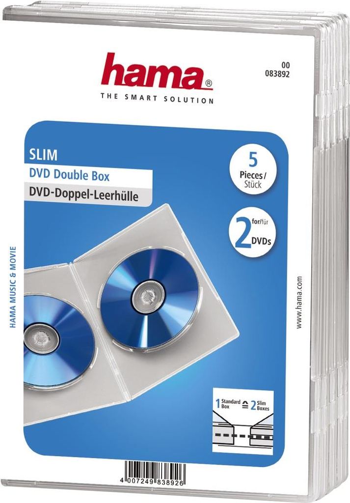 Hama DVD-ROM Double Jewel Case Slim - Slim Jewel Case für Speicher-DVD - Kapazität: 2 DVD - durchsichtig (Packung mit 5) (00083892)