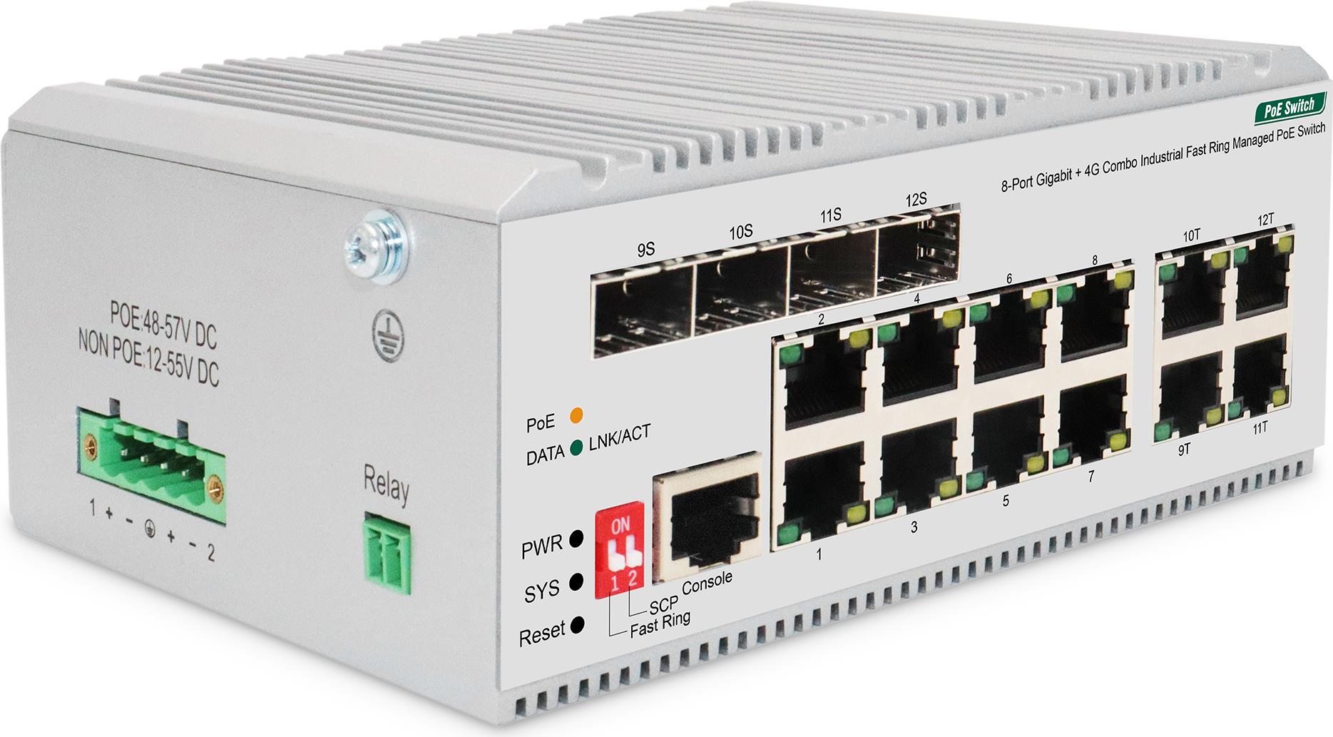 Digitus 8 Port Gigabit Ethernet Netzwerk PoE Switch, Industrial, L2 managed, 4 SFP Uplink. Switch-Typ: Managed, Switch-Ebene: L2. Basic Switching RJ-45 Ethernet Ports-Typ: Gigabit Ethernet (10/100/1000), Anzahl der basisschaltenden RJ-45 Ethernet Ports: 8