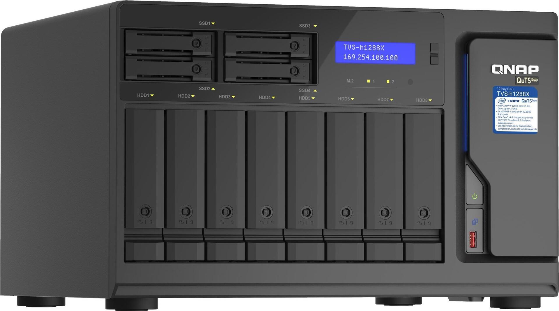 QNAP TVS-H1288X - NAS-Server - 12 Schächte - SATA 6Gb/s - RAID 0, 1, 5, 6, 10, 50, JBOD, 5 Hot Spare, 6 Hot Spare, 60, 10-Hot-Spare, RAID TP - RAM 16GB - Gigabit Ethernet / 2,5 Gigabit Ethernet / 10 Gigabit Ethernet - iSCSI (TVS-H1288X-W1250-16G)
