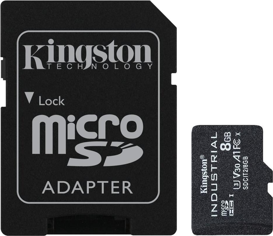 Kingston Industrial - Flash-Speicherkarte (microSDHC/SD-Adapter inbegriffen) - 8GB - A1 / Video Class V30 / UHS-I U3 / Class10 - microSDHC UHS-I (SDCIT2/8GB)