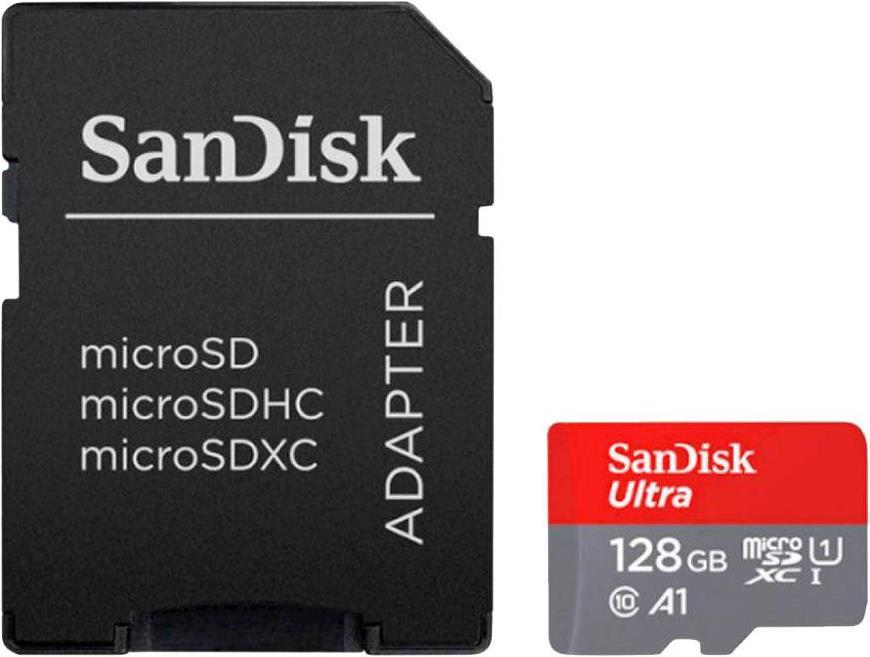 SanDisk Ultra - Flash-Speicherkarte (microSDXC-an-SD-Adapter inbegriffen) - 128GB - A1 / UHS-I U1 / Class10 - microSDXC UHS-I (SDSQUAB-128G-GN6IA)