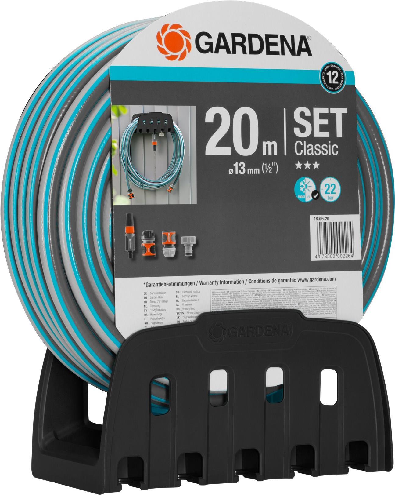 GARDENA Wandschlauchhalter mit Schlauch: Set mit 20 m Schlauch, Spritze und Halterung, Schlauch ist druckresistent und formstabil, mit allen GARDENA Geräten kombinierbar (18005-20)