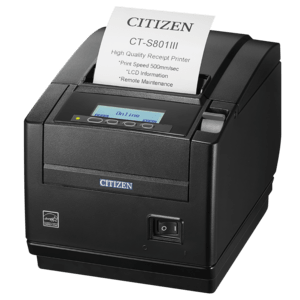 Citizen CT-S801III, 8 Punkte/mm (203dpi), Cutter, USB, schwarz Bondrucker, Thermodirekt, Auflösung: 8 Punkte/mm (203 dpi), Medienbreite (max): 58/60/80/82,5 mm, Druckbreite (max.): 80 mm, Rollendurchmesser (max.): 83mm, Geschwindigkeit (max.): 500 mm/Sek,