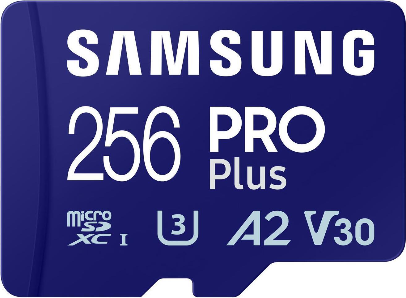 Samsung PRO Plus MB-MD256SA - Flash-Speicherkarte (microSDXC-an-SD-Adapter inbegriffen) - 256 GB - A2 / Video Class V30 / UHS-I U3 - microSDXC UHS-I - Blau