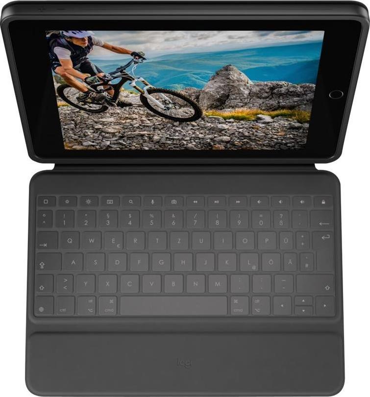 Logitech Rugged Folio - Tastatur und Foliohülle - Apple Smart connector - QWERTZ - Deutsch - Graphite - für Apple 10.2-inch iPad Wi-Fi, 10.9-inch iPad Wi-Fi (geöffnet)