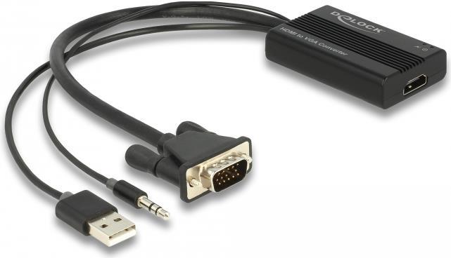 Delock - Spannungsversorgungs-/Audio-/Videoadapter - HD-15 (VGA), Stereo Mini-Klinkenstecker, USB (nur Strom) männlich zu HDMI weiblich - 25cm - Schwarz - Daumenschrauben, aktiv, Stromversorgung + Audio über USB, 1080p-Unterstützung, 60 Hz (64172)