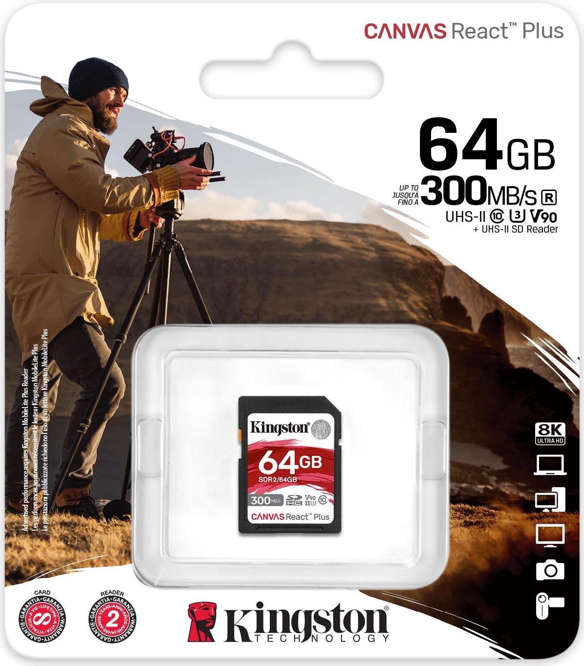 Kingston Canvas React Plus - Flash-Speicherkarte - 64GB - Video Class V90 / UHS-II U3 / Class10 - SDXC UHS-II (SDR2/64GB)