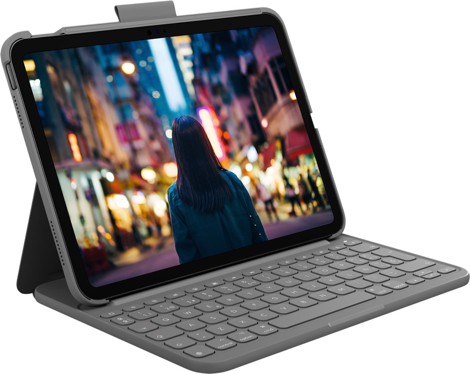 Logitech Slim Folio - Tastatur und Foliohülle - kabellos - Bluetooth LE - QWERTY - Spanisch - Oxford Gray - für Apple 10.2  iPad Wi-Fi, 10.5  iPad Pro Wi-Fi, 10.9  iPad Wi-Fi, iPad Air Wi-Fi