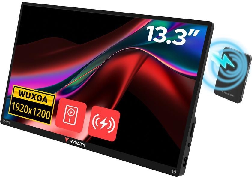 Verbatim Touch Monitor 13.3 (33,8 cm) Wireless Monitor - IPS, tragbar, Full HD, 1920 × 1200 (16:10), 60 Hz, Display: glänzend, 25 ms, FreeSync, Touchscreen, HDR, Lautsprecher, HDMI und USB-C (32087)