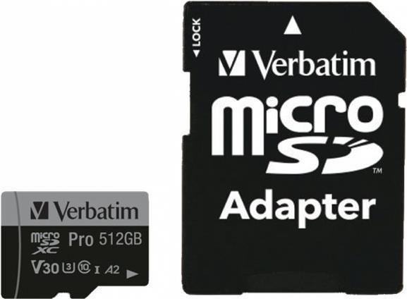 Verbatim PRO U3 - Flash-Speicherkarte (microSDXC-an-SD-Adapter inbegriffen) - 512GB - A2 / UHS-I U3 / Class10 - microSDXC UHS-I (47046)