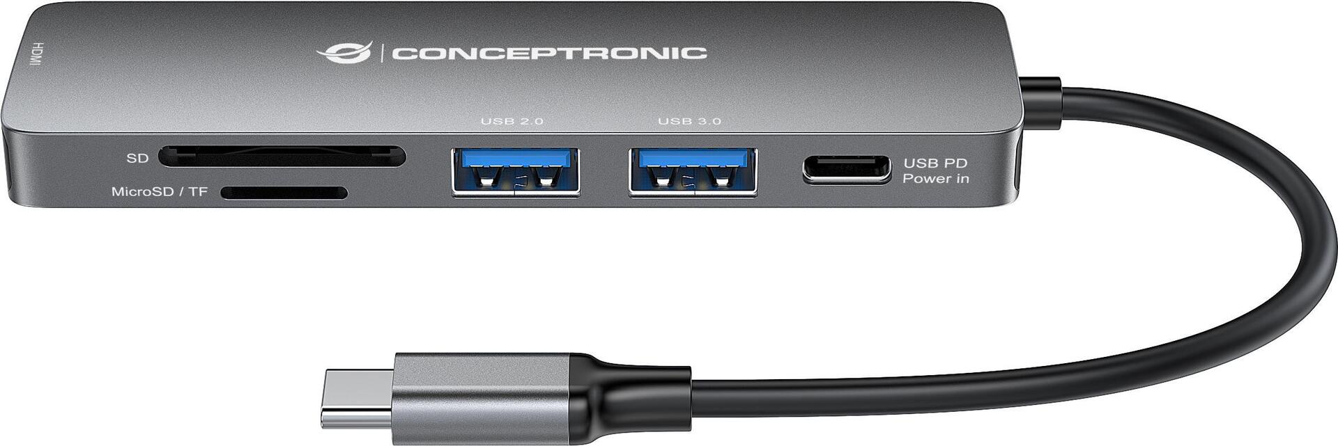 Conceptronic DONN Multifunktionaler 6-in-1 USB Adapter-Hub - HDMI - USB-C PD - 1 x USB 3.0 - 1 x USB 2.0 - SD/TF Kartenleser - USB 3.2 Gen 1 (3.1 Gen 1) Type-C - HDMI - USB 2.0 - USB 3.2 Gen 1 (3.1 Gen 1) Type-A - USB 3.2 Gen 1 (3.1 Gen 1) Type-C - 3840 x