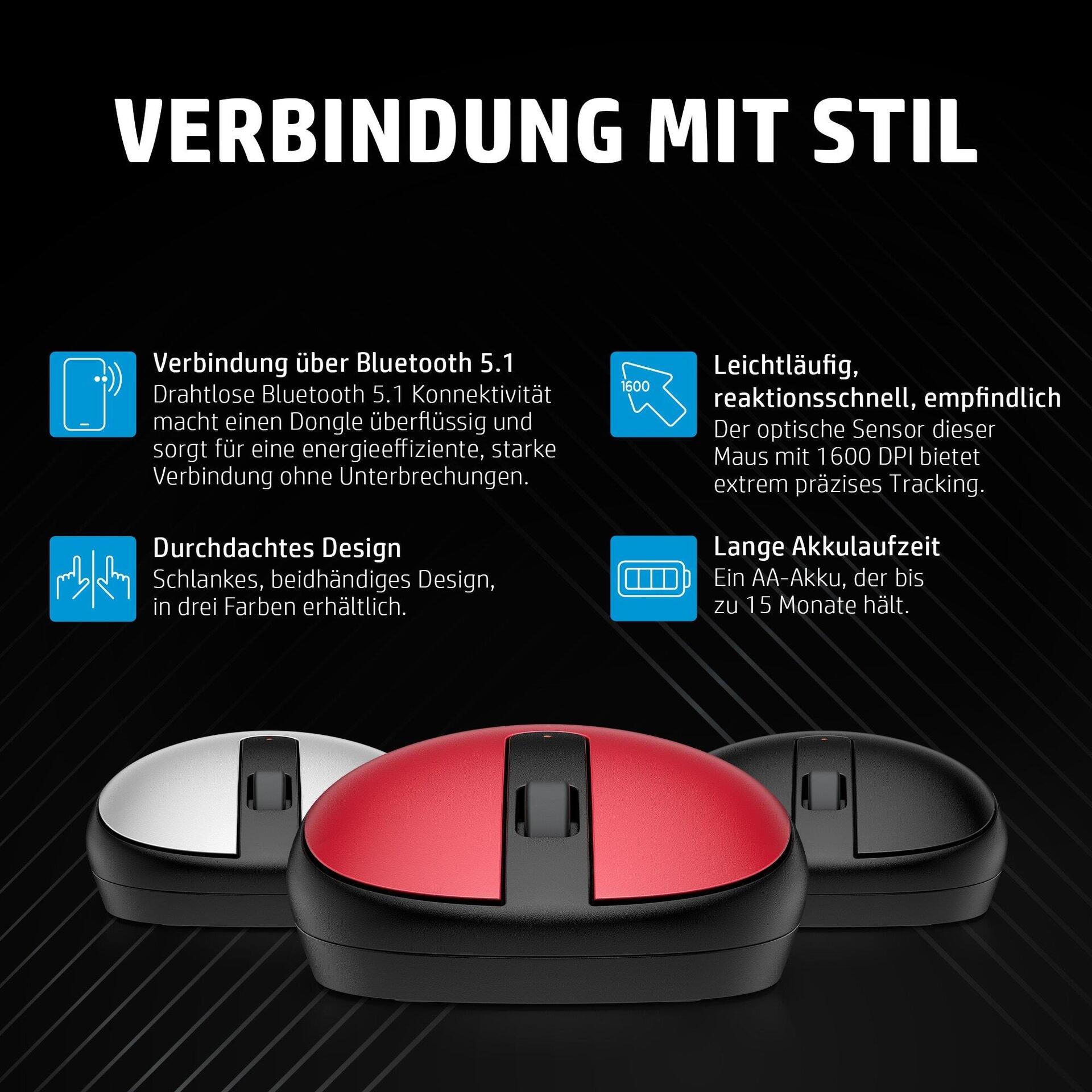 HP 240 Bluetooth-Maus (Pike Silver). Formfaktor: Beidhändig. Bewegungerfassungs Technologie: Optisch, Geräteschnittstelle: Bluetooth, Bewegung Auflösung: 1600 DPI, Tastentyp: Gedrückte Tasten, Knopfanzahl: 3, Scroll Typ: Rad. Energiequelle: Batterien. Pro