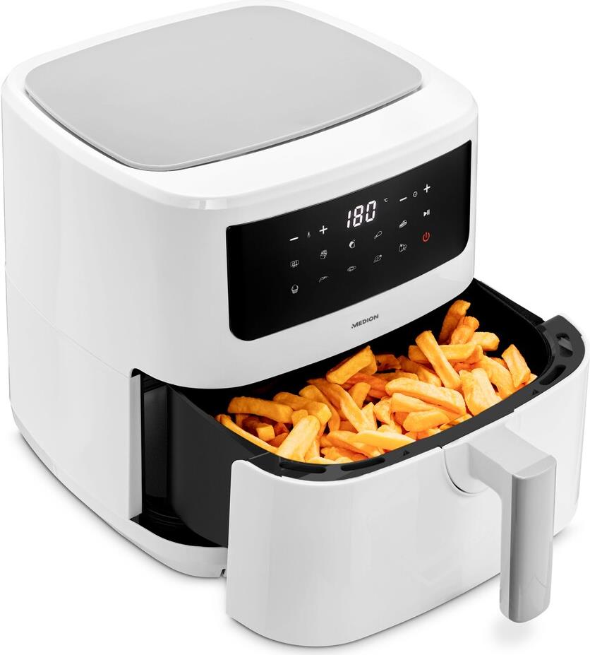 Medion MD 11750 Life P10 XL Duo-Heißluftfritteuse 6.8 l weiß -  2 Edelstahl-Heizelemente mit einer Gesamtleistung von max. 2.150 W  Großer Korb mit ca. 7,26 L Volumen - Nutzinhalt ca. 6,8 L  60 Minuten Timer und automatische Abschaltung  9 Automatikpr