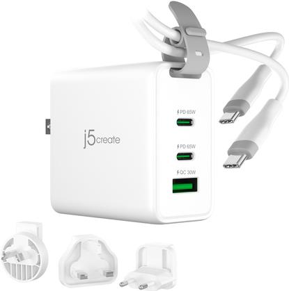 j5create - Netzteil - 3-port, GaN, with changeable AC plugs and USB-C cable - 65 Watt - 1.5 A - Apple Fast Charge, Fast Charge, PD 3.0, QC 3.0, Super Charge, Apple 2.4A, BC1.2 - auf Kabel: USB, USB-C - weiß (JUP3565CV-N)