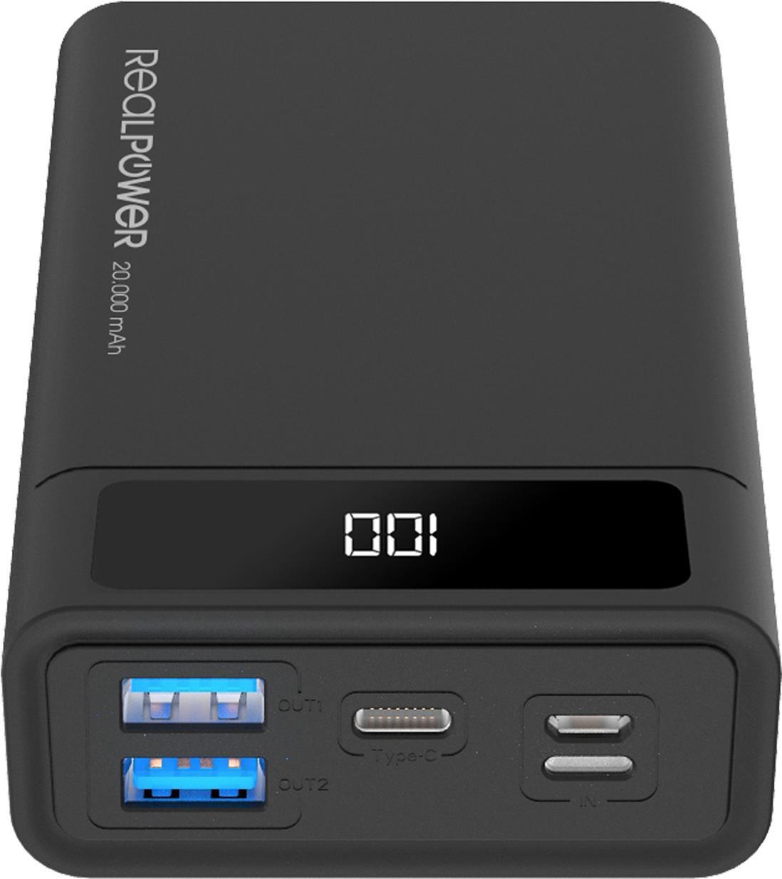 RealPower PB-20k PD - Schwarz - Headphones/Headset - MP3/MP4 - Handy/Smartphone - Smartwatch - Tablet - Rechteck - 20000 mAh - USB - 74 Wh (306949)