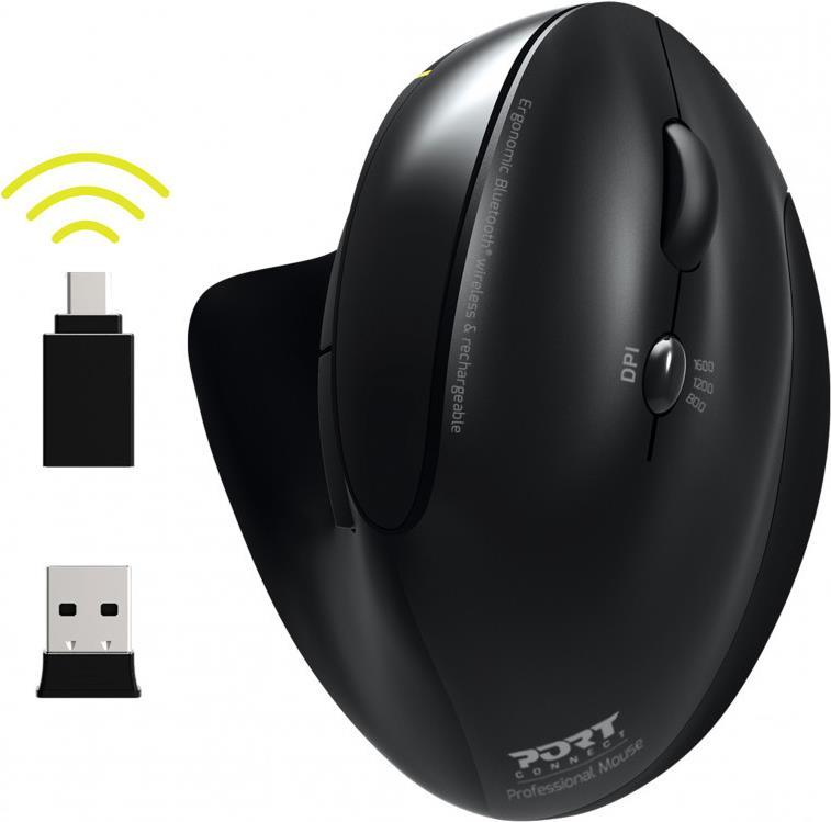 PORT Connect Professional - Vertikale Maus - ergonomisch - Für Rechtshänder - optisch - 5 Tasten - kabellos - 2,4 GHz, Bluetooth 3,0, Bluetooth 5,0 - USB / USB-C Wireless-Empfänger (900706-BT)
