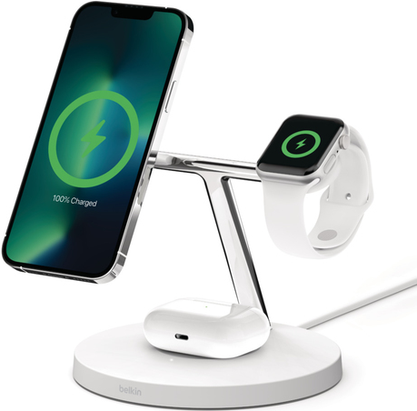 Belkin BoostCharge Pro - Kabelloses Ladegerät - mit MagSafe + AC-Netzteil - 15 Watt - Fast Charge - weiß - für Apple AirPods, AirPods Pro, iPhone 12, 13, Watch Series 4, Series 5, Series 6, Series 7 (WIZ017VFWH)