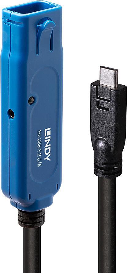 Lindy - USB-Verlängerungskabel - 24 pin USB-C (M) zu USB Typ A, power DC jack 2,5 mm (ID: 0,7 mm) (W) Verriegelung - USB / USB2.0 / USB3.0 / USB 3,1 / USB 3,2 - 8,0m - rund, aktiv, hauchvergoldete Kontakte - Schwarz (43381)
