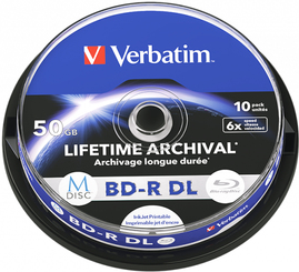 Verbatim M-Disc - 10 x BD-R DL - 50GB 6x - mit Tintenstrahldrucker bedruckbare Oberfläche - Spindel (43847)