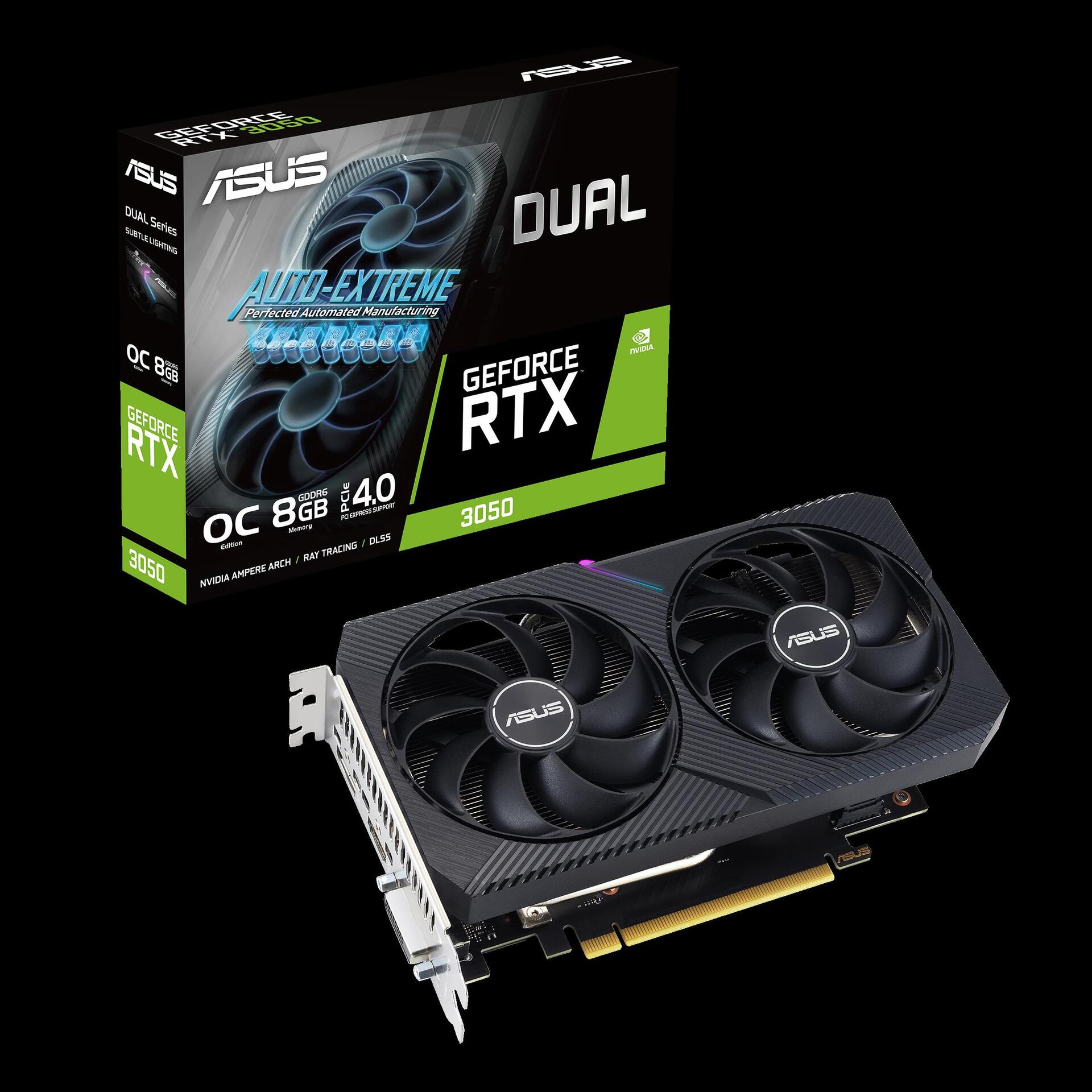 ASUS Dual GeForce RTX 3050 V2 - OC Edition - Grafikkarten - GF RTX 3050 - 8GB GDDR6 - PCIe 4,0 - DisplayPort, DVI, HDMI (90YV0GH6-M0NA00)