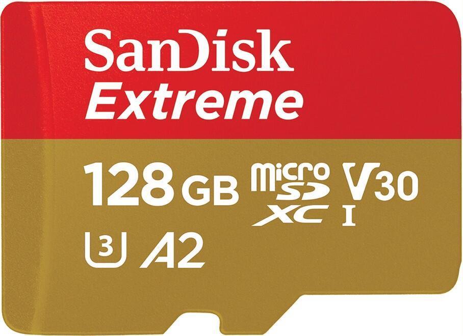 SanDisk Extreme - Flash-Speicherkarte (microSDXC-an-SD-Adapter inbegriffen) - 128GB - A2 / Video Class V30 / UHS-I U3 / Class10 - microSDXC UHS-I (SDSQXAA-128G-GN6MA)