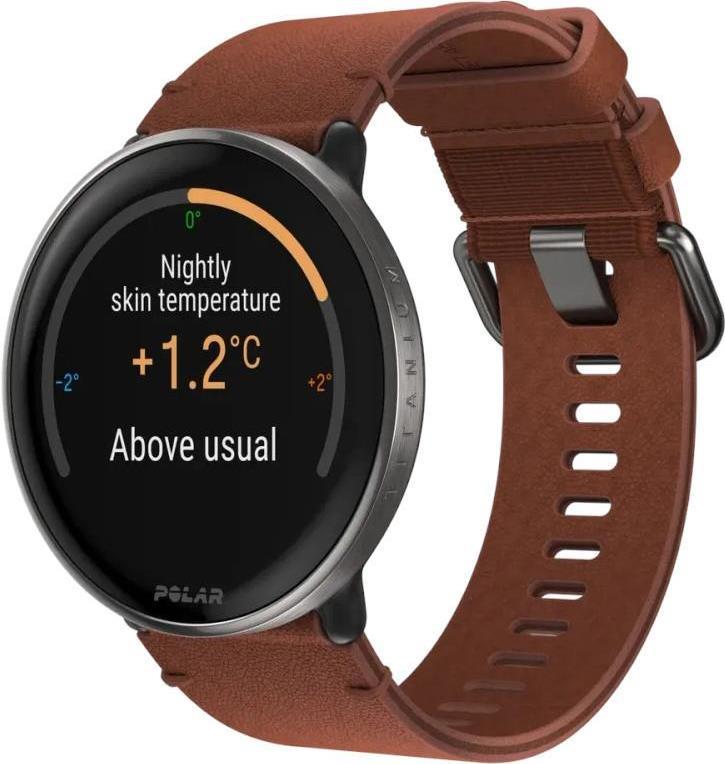 Smartwatch Polar Ignite 3 Titanium, Größe S-L, schwarzes Gehäuse mit braunem Lederarmband (zusätzlich ist ein schwarzes Silikonarmband im Lieferumfang enthalten) (A0035194)
