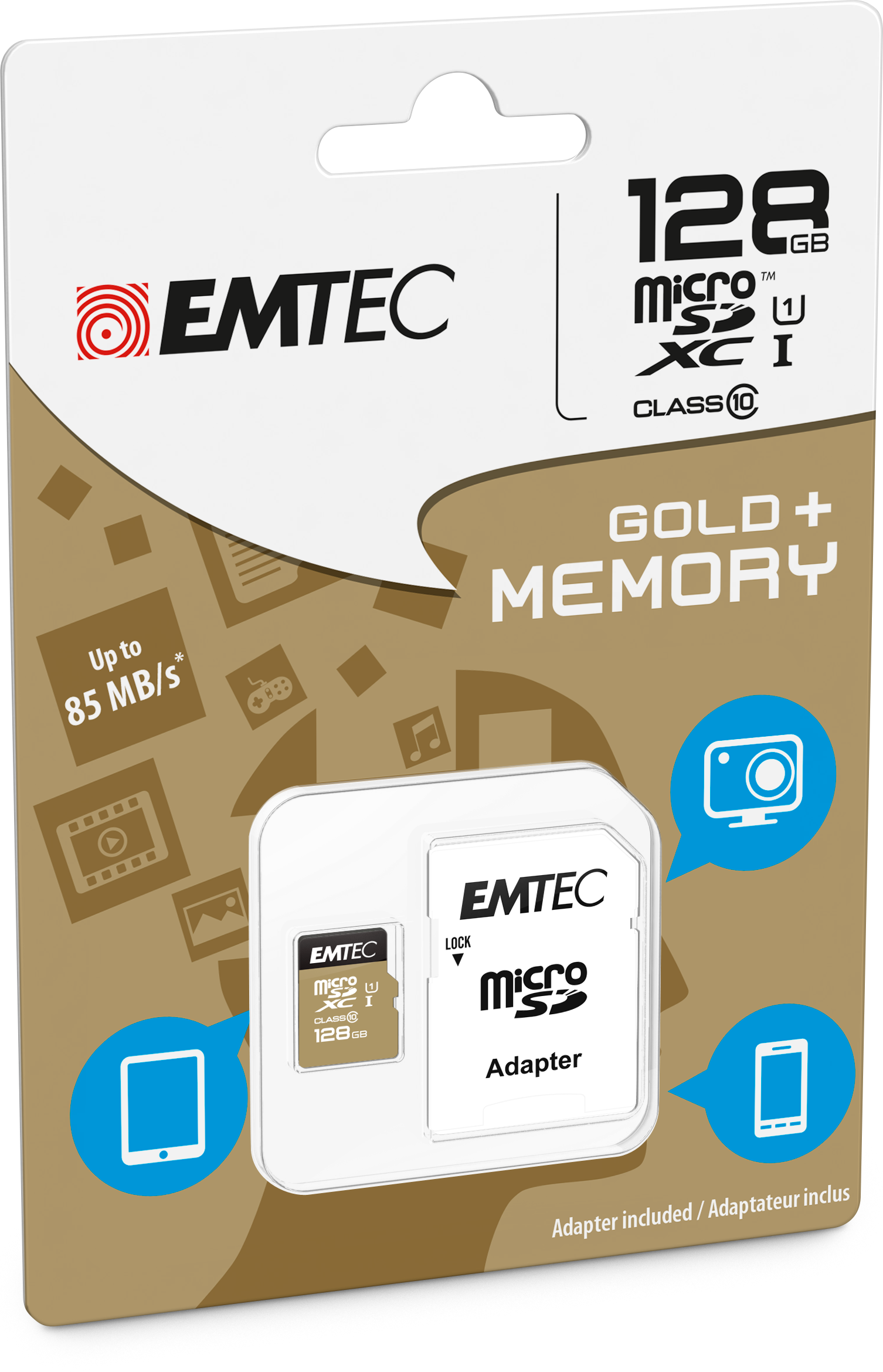 EMTEC Gold+ - Flash-Speicherkarte (SD-Adapter inbegriffen) - 128GB - Class 10 - microSD - Gold (ECMSDM128GXC10G)