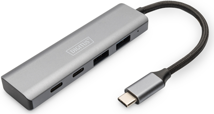 Digitus USB-C 4 Port HUB - 2x USB A + 2x USB-C - USB 3.2 Gen 1 (3.1 Gen 1) Type-C - USB 3.2 Gen 1 (3.1 Gen 1) Type-A - USB 3.2 Gen 1 (3.1 Gen 1) Type-C - 10000 Mbit/s - Grau - Aluminium - Rundkabel (DA-70245)