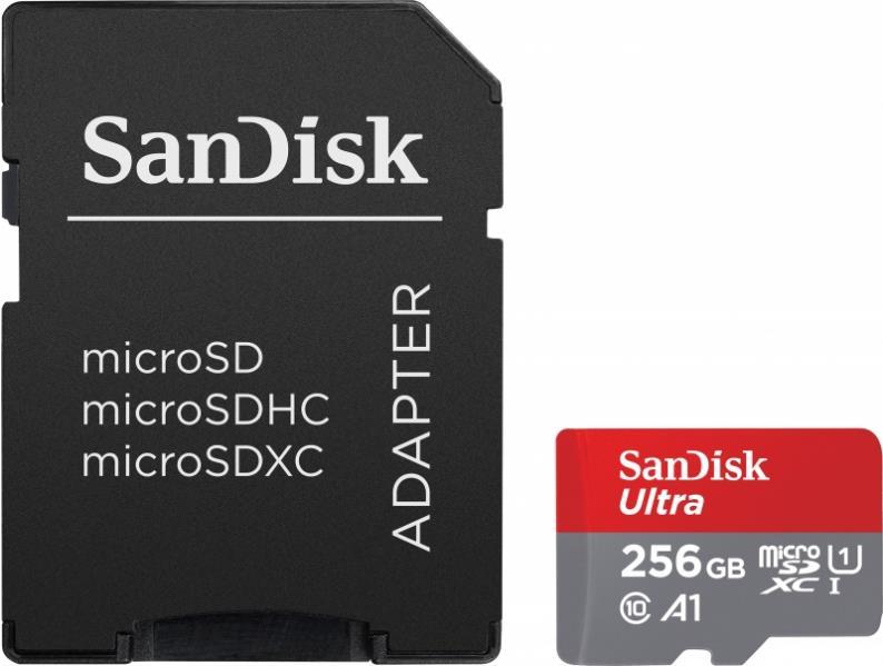 SanDisk Ultra - Flash-Speicherkarte (microSDXC-an-SD-Adapter inbegriffen) - 256GB - A1 / UHS Class 1 / Class10 - microSDXC UHS-I (SDSQUAC-256G-GN6MA)