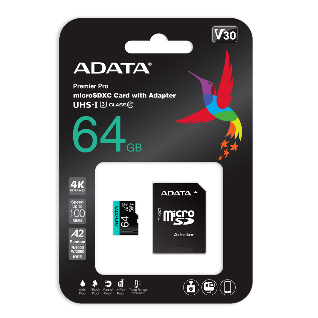 ADATA Premier Pro V30S - Flash-Speicherkarte (SD-Adapter inbegriffen) - 64 GB - A2 / Video Class V30 / UHS-I U3 / Class10 - microSDXC UHS-I (AUSDX64GUI3V30SA2-RA1)
