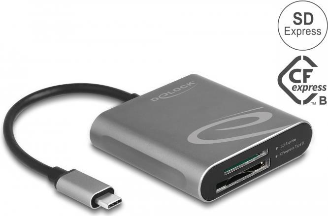 Delock - Kartenleser (SDHC, SDXC, SDHC UHS-I, SDXC UHS-I, SDHC UHS-II, SDXC UHS-II, CFexpress 2,0 Type B, SD Express) - USB-C 3,2 Gen 2 - für Windows 11, Apple 27,90cm (11) iPad Pro, Microsoft Surface Pro 7, Windows 10 (91000)